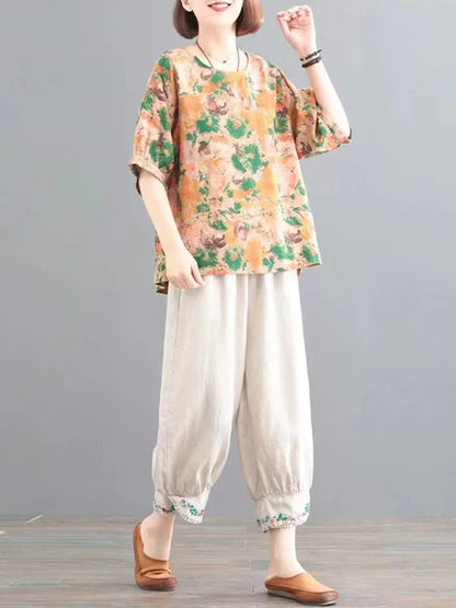 2 Piece Sets Women Summer Casual Pants Suits  Print Tops And Ankle-length Pants